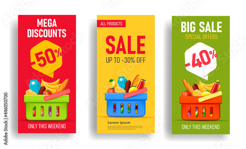 Set of flyer or banner templates for super market with basket full of food and drinks,  fruits and vegetables