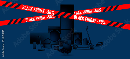 Black Friday sale advertiving banner with 3d illustration of different home and smart electronic devices, black gradient stylized objects with red ribbon