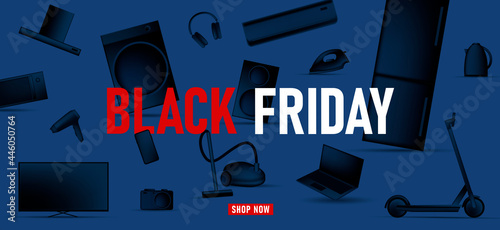 Black Friday banner with black monochrome illustration of different electronic devices and kitchen equipment and smart gagets on blue backdrop