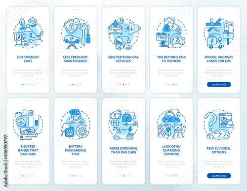 EV show onboarding mobile app page screen. Future eco transport solution walkthrough 5 steps graphic instructions with concepts. UI, UX, GUI vector template with linear color illustrations