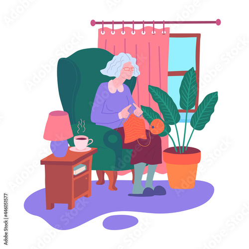 Cartoon Color Character Person Senior Woman Knits Concept. Vector