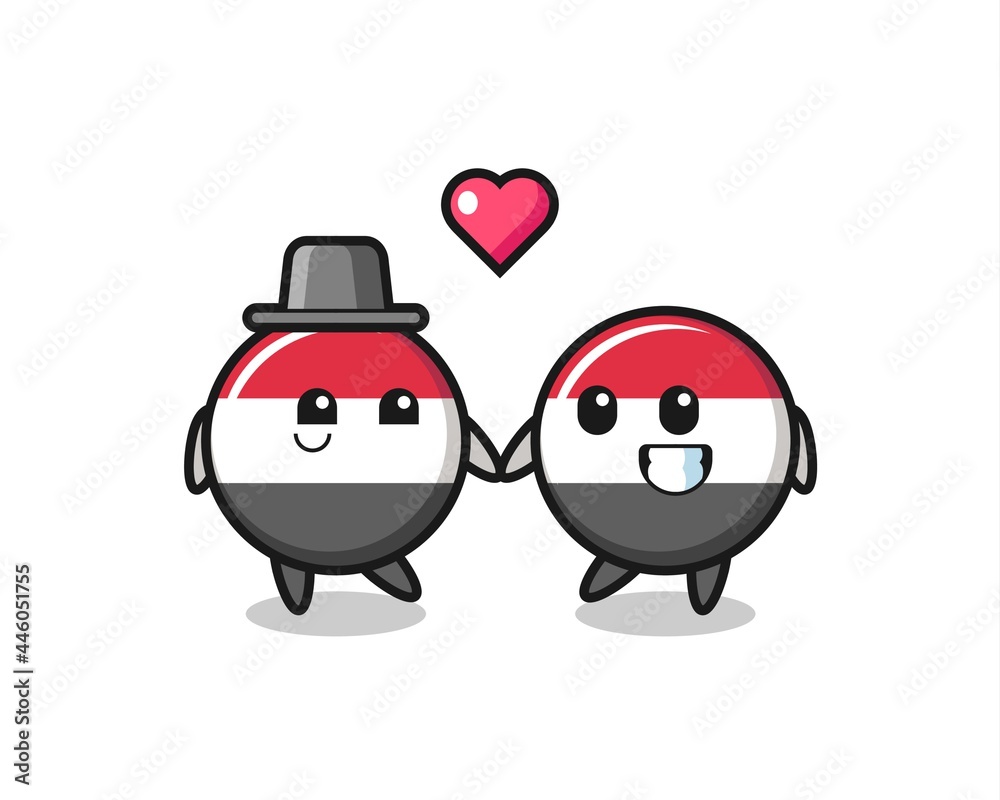 yemen flag badge cartoon character couple with fall in love gesture