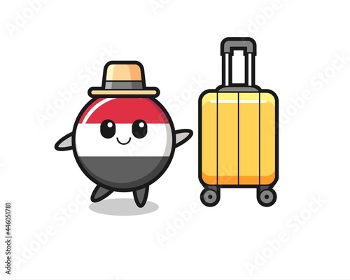 yemen flag badge cartoon illustration with luggage on vacation