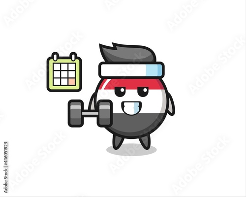 yemen flag badge mascot cartoon doing fitness with dumbbell