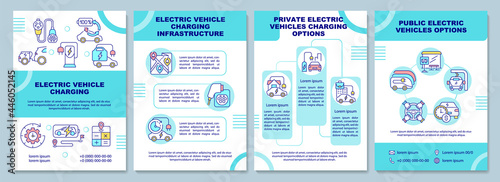 Electric vehicle charging brochure template. Flyer, booklet, leaflet print, cover design with linear icons. EV options. Vector layouts for presentation, annual reports, advertisement pages