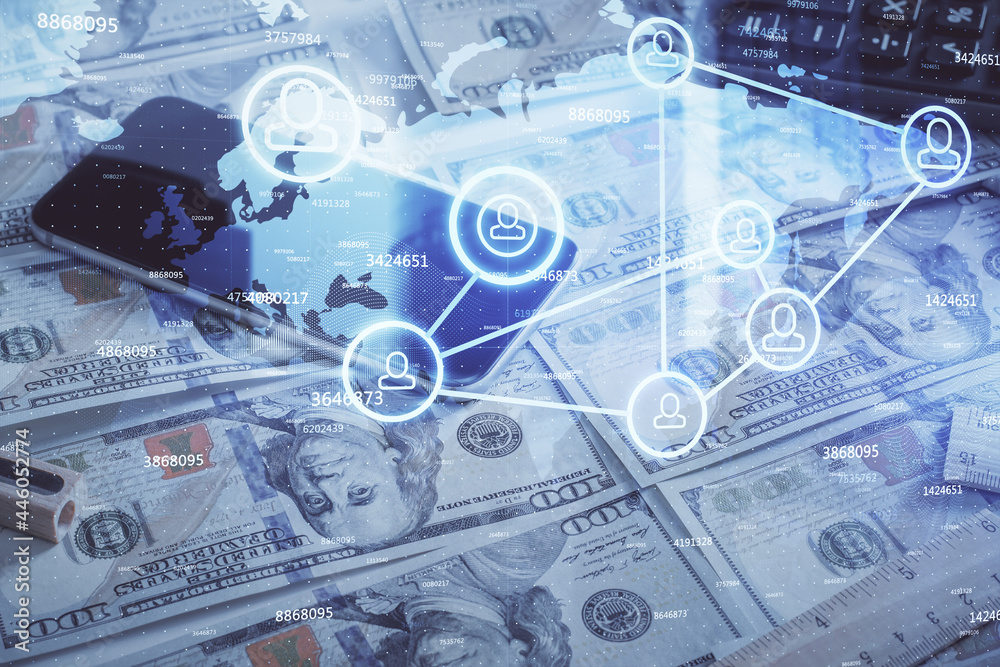 Multi exposure of social network drawing over us dollars bill background. Concept of people connection. Multi exposure of social network drawing over us dollars bill background. Concept of people connection.