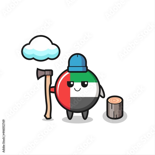 Character cartoon of uae flag badge as a woodcutter