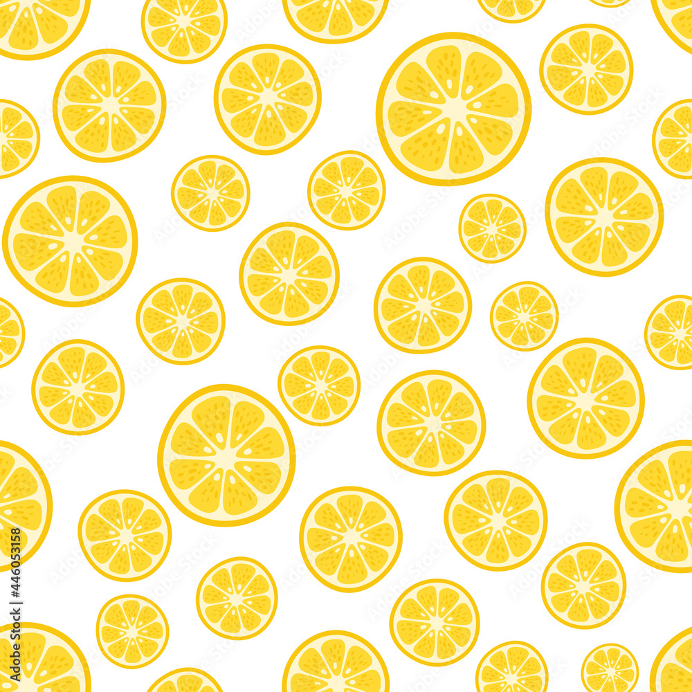 Cute Vector Lemon seamless pattern. Cartoon summer fresh fruit circle slice, lemons sliced print on white background. Lemonade repeat texture for wallpaper, textile, wrap, tropical fabric design Cute Vector Lemon seamless pattern. Cartoon summer fresh fruit circle slice, lemons sliced print on white background. Lemonade repeat texture for wallpaper, textile, wrap, tropical fabric design