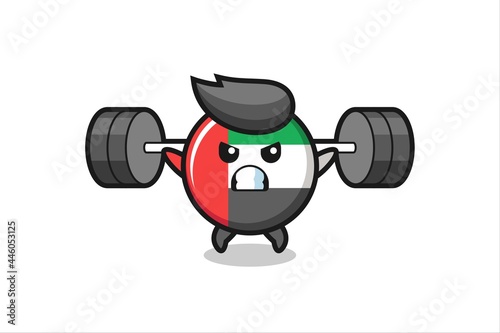 uae flag badge mascot cartoon with a barbell