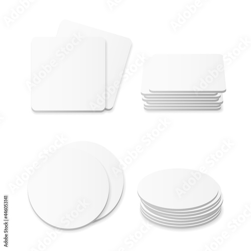 Square and round beer coasters isolated on white background. Branding template.