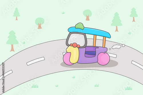 illustration Tri motor cycle,Tuk Tuk taxi car Thailand like a colorful toy running on the road in the garden, cute cartoon style.