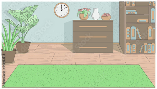 Cozy linear living room interior in a cute cartoon style. Carpet, wooden floor, two big potted plants, comod, bookcase, clock, flowers, vase, cookies. photo