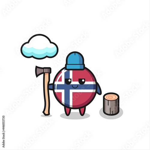 Character cartoon of norway flag badge as a woodcutter