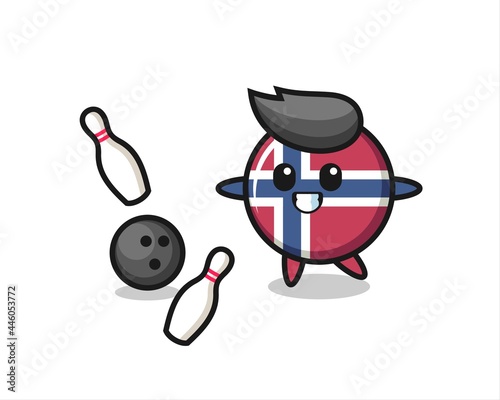 Character cartoon of norway flag badge is playing bowling