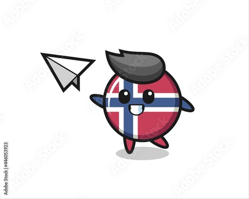 norway flag badge cartoon character throwing paper airplane