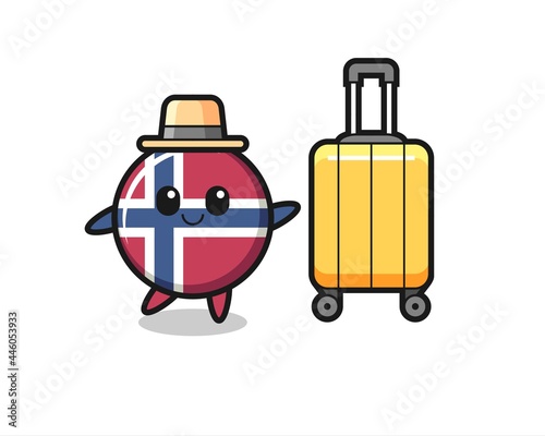 norway flag badge cartoon illustration with luggage on vacation