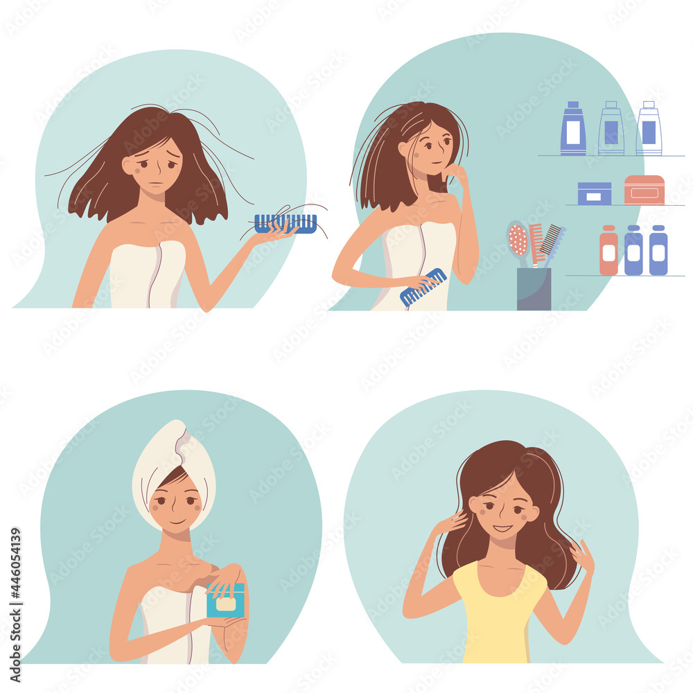 Set of vector posters about problem with a hair. A nice young women cares about hairs health. A girl in the towel with hairbrush. Cosmetics and accessories in a bathroom. 