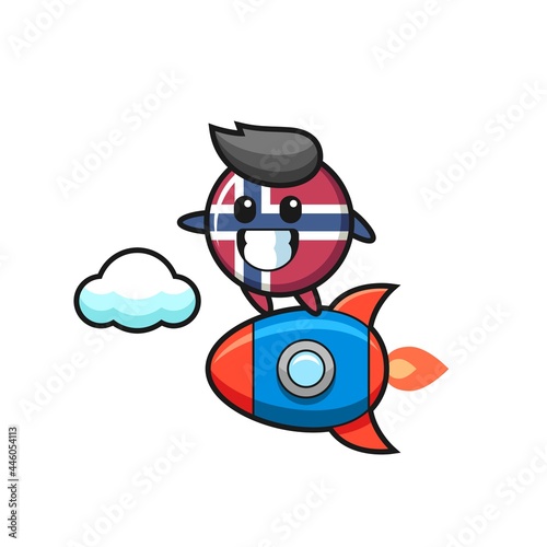 norway flag badge mascot character riding a rocket