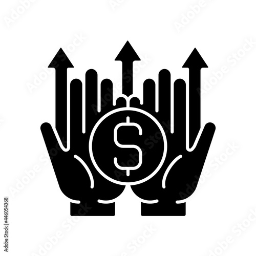 Wealth building black glyph icon. Making financial decisions. Generating long-term income. Forward-thinking retirement strategy. Silhouette symbol on white space. Vector isolated illustration