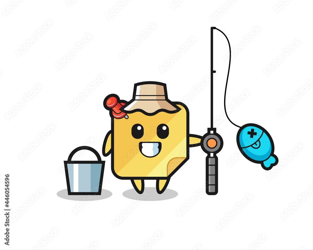 Mascot character of sticky note as a fisherman
