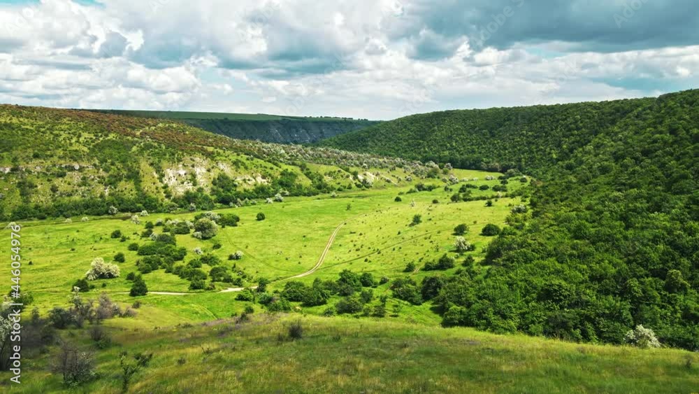 Aerial drone view of a valley in Moldova. River, a lot of greenery, cloudy sky Aerial drone view of a valley in Moldova. River, a lot of greenery, cloudy sky