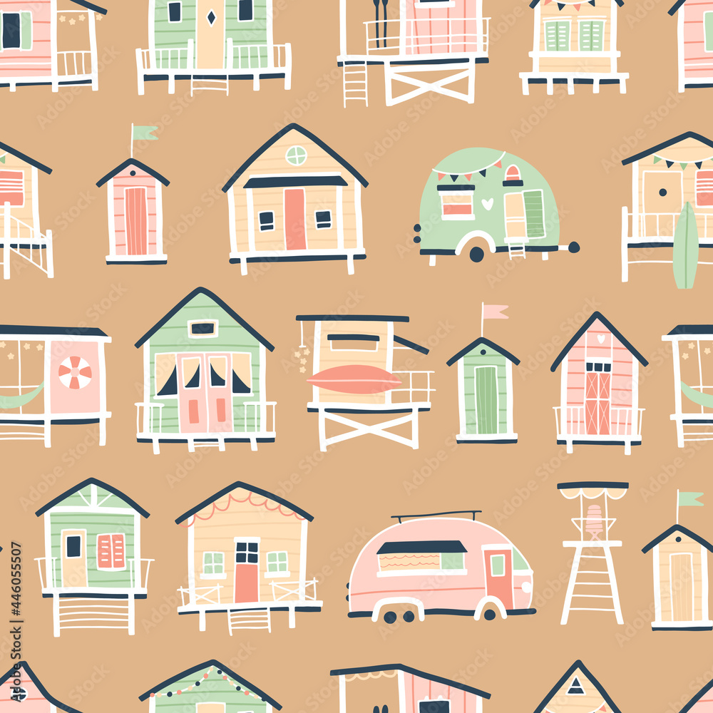 Beach houses and trailers seamless pattern. Cute summer cartoon illustration in simple hand drawn childish scandinavian vintage style. Tiny tropical buildings in a pastel palette. Ideal for printing.
