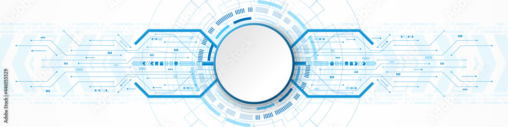 Abstract Technology Background, white circle banner on blue digital circle and circuit board, arrow speed up