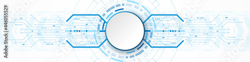 Abstract Technology Background, white circle banner on blue digital circle and circuit board, arrow speed up