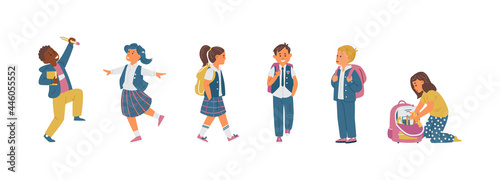 Vector Set Of Primary School Children In Uniform. Isolated On White.