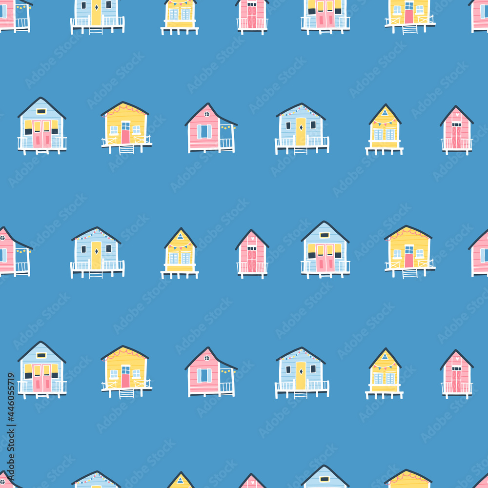 Beach houses seamless pattern. Cute summer cartoon illustrations in simple hand drawn childish scandinavian style. Tiny tropical buildings in a colorful pastel palette. Ideal for printing.
