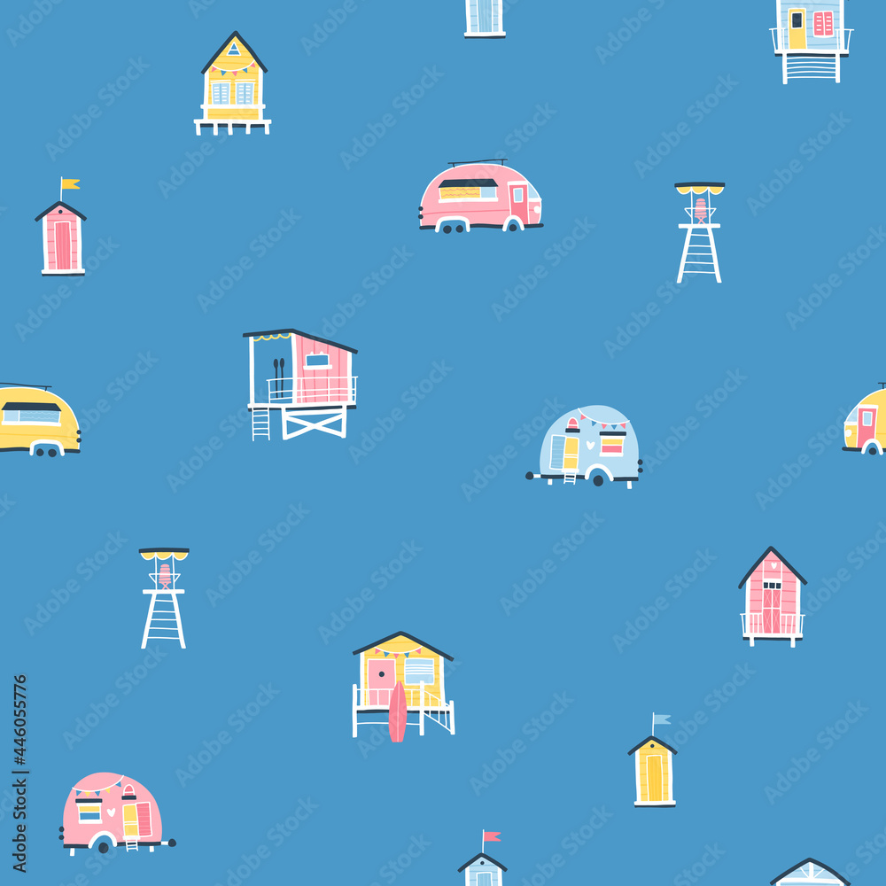 Beach houses and trailers seamless pattern. Cute summer cartoon illustrations in simple hand drawn childish scandinavian style. Tiny tropical buildings in a colorful pastel palette. Ideal for printing