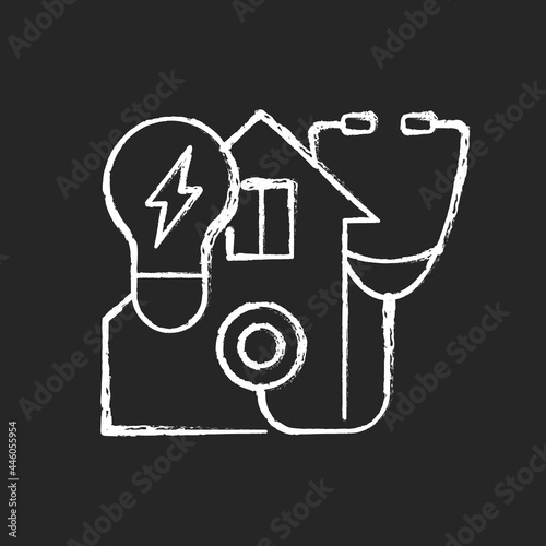 Energy audit chalk white icon on dark background. Inspecting residential house for efficient power usage. Sustainable resource. Energy purchase. Isolated vector chalkboard illustration on black