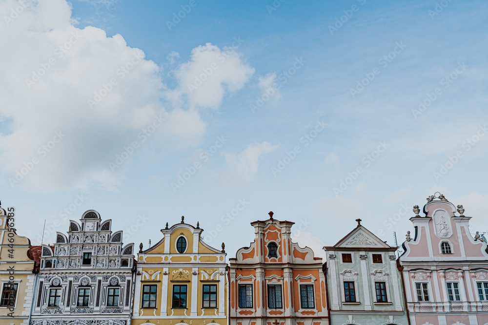 Historic houses at the market square of Telc with empty space for text, Czech Historic houses at the market square of Telc with empty space for text, Czech