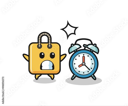 Cartoon Illustration of shopping bag is surprised with a giant alarm clock