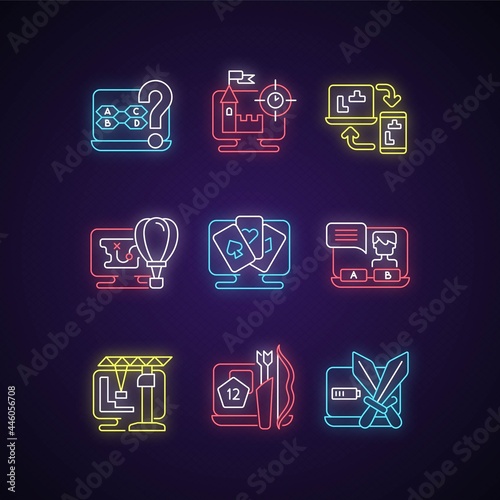 Game genres neon light icons set. Interesting adventure story to play with friends. Digital novel choices. Fun time spending. Signs with outer glowing effect. Vector isolated RGB color illustrations