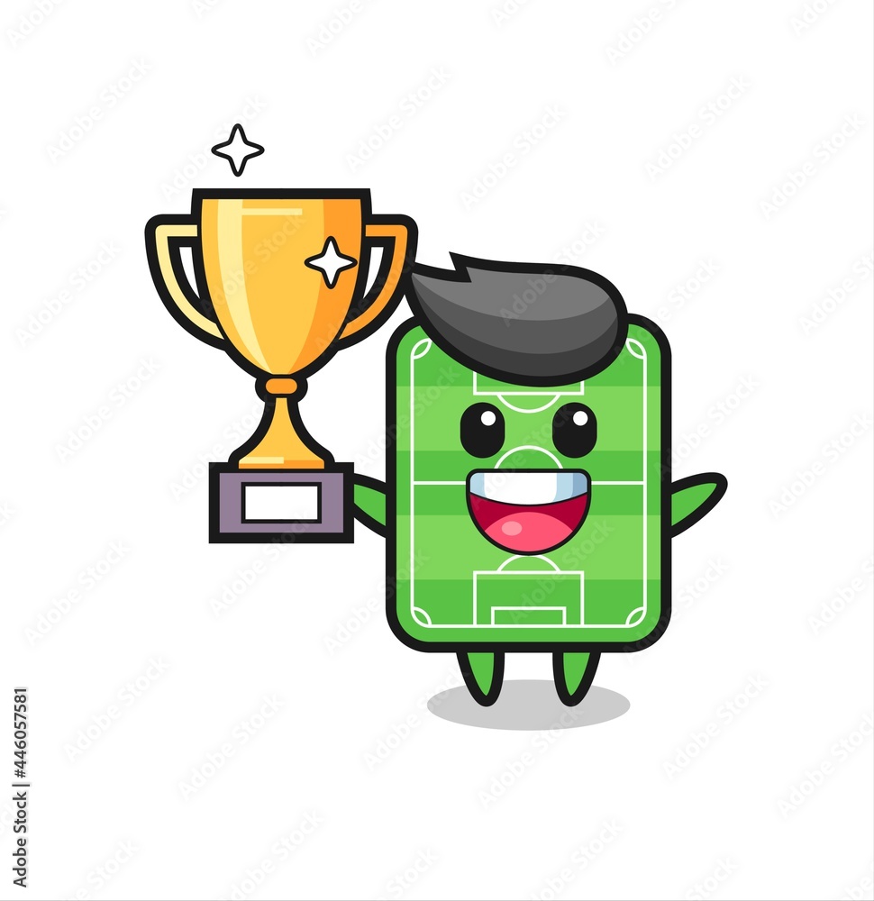 Cartoon Illustration of football field is happy holding up the golden trophy Cartoon Illustration of football field is happy holding up the golden trophy