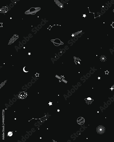 Space seamless pattern with planets, comets, constellations, rocket, satellite, stars and other. Hand drawn doodle sketch background. Nignt sky vector illustration.