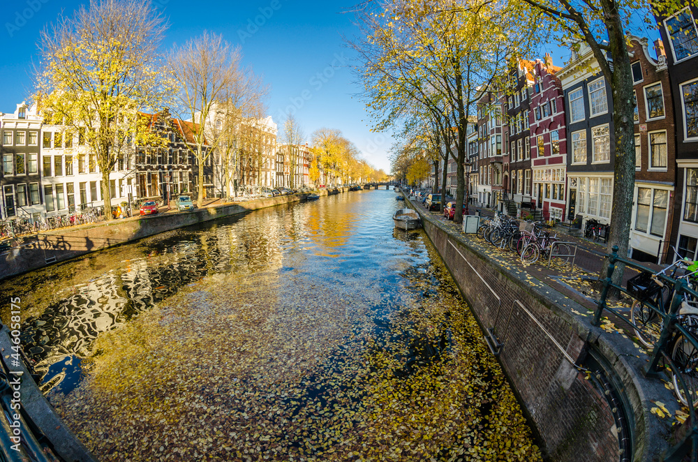 Urban landscape in Amsterdam, the Netherlands. Fish eye view