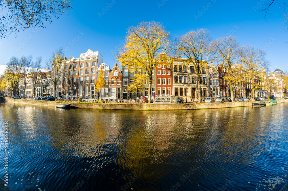 Urban landscape in Amsterdam, the Netherlands. Fish eye view