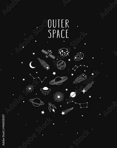 Hand drawn vector doodle of Space: planets, comets, constellations, rocket, satellite, stars and other. Nignt sky sketch illustration for t-shirt prints, posters, postcards and other designs.