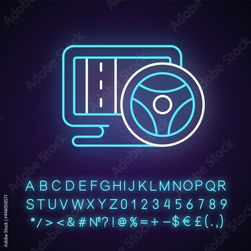 Vehicle simulation neon light icon. Innovative car driving games. Outer glowing effect. Sign with alphabet, numbers and symbols. Vector isolated RGB color illustration