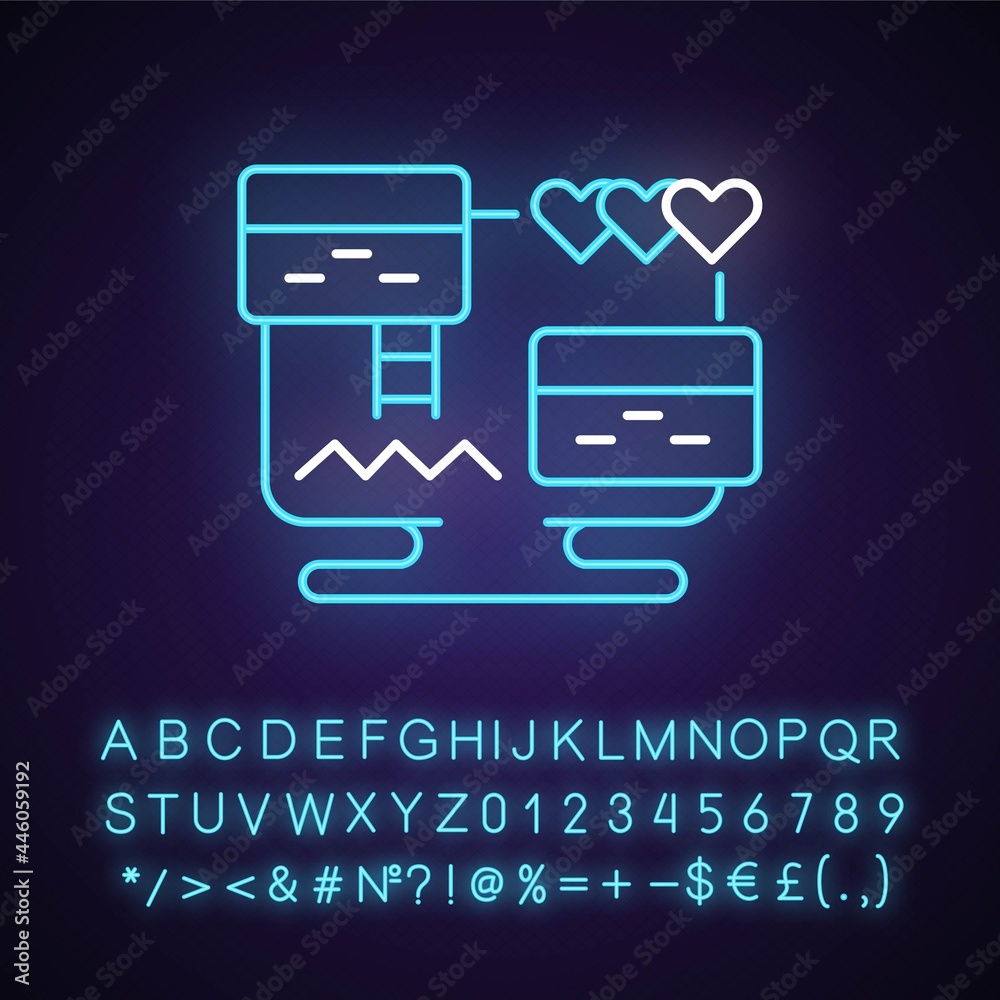 Platform video game neon light icon. Traditional two dimentional genre of digital activities. Outer glowing effect. Sign with alphabet, numbers and symbols. Vector isolated RGB color illustration