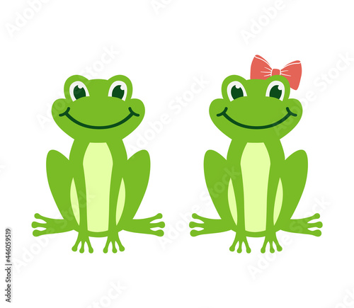 Vector cartoon green frog isolated on white background. Frogs boy and girl with bow sit and smile. Children illustration
