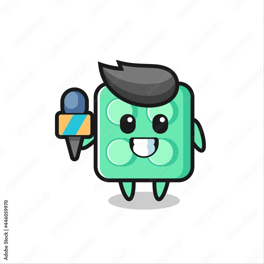 Character mascot of brick toy as a news reporter