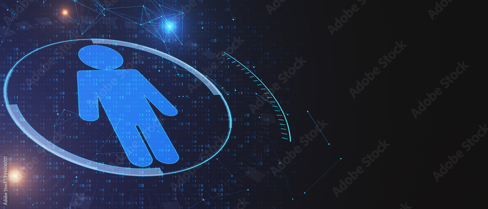Abstract person icon on dark blue background with mock up place. People search and hiring concept 3D Rendering. Abstract person icon on dark blue background with mock up place. People search and hiring concept 3D Rendering.