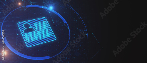 Panoramic glowing personal information card on dark blue background with binary code and mock up place. Digital id and access concept. 3D Rendering.