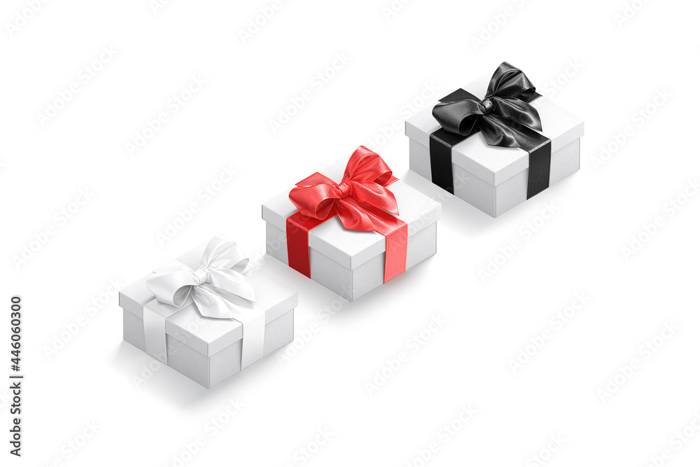 Blank white gift box with gold, red, black ribbon mockup