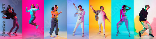 Collage of images of 7 models, men and women dancing, jumping isolated on multicolored background in neon light. Happy, joyful and cute people