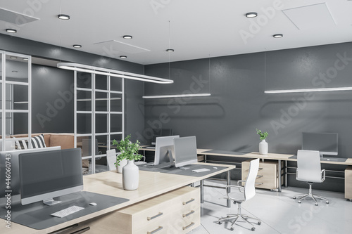Gray office interior with panoramic window and bright daytime city view, furniture and equipment. 3D Rendering.