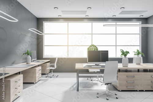 Corporate office interior with panoramic window and bright daytime city view, furniture and equipment. 3D Rendering.